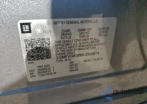 2019 Chevrolet Traverse Lt z USA, uszkodzony, nr VIN 1GNEVGKW9KJ316874